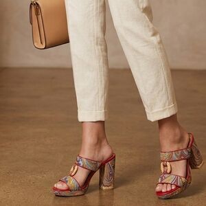 Zinc, Platform Sandals 6 1/2 Parsley Prnt, Chunky Heels, Red Trim